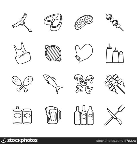 Barbecue Party Line Icon Set. Contain food for grill, tools, drink and more. Stroke line, editable, thin. Vector re size