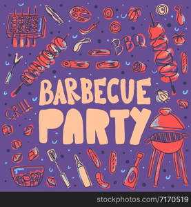Barbecue party poster. BBQ banner template with handdrawn lettering and cookout symbols. Summer outdoor cooking elements. Vector color illustration.