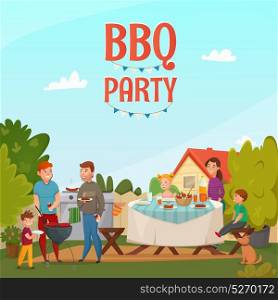 Barbecue Party Poster. Colored cartoon barbecue party poster with family in backyard of their house vector illustration