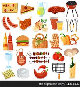 Barbecue picnic accessories stylish colorful big icons set with apron grilled meat vegetables drinks isolated vector illustration . Barbecue Accessories Stylish Icons Collection