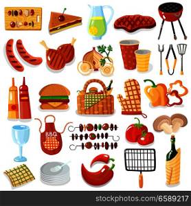Barbecue picnic accessories stylish colorful big icons set with apron grilled meat vegetables drinks isolated vector illustration . Barbecue Accessories Stylish Icons Collection