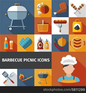 Barbecue picnic flat icons set . Family weekend barbeque picnic flat icons set with bbq grill and meat with beer abstract vector illustration