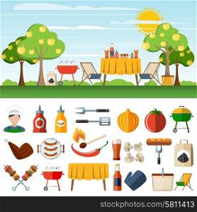 Barbecue picnic icons compostion banners. Family barbeque picnic in the countryside horizontal banners set with bbq accessories pictograms abstract vector isolated illustration