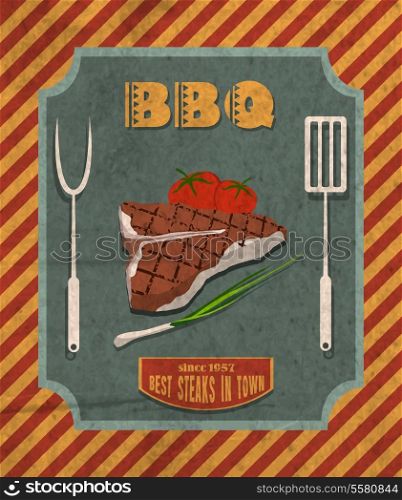 Barbecue retro vintage grill restaurant poster with meat steak tomato and chives vector illustration