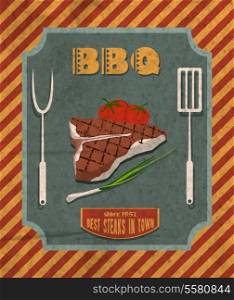 Barbecue retro vintage grill restaurant poster with meat steak tomato and chives vector illustration
