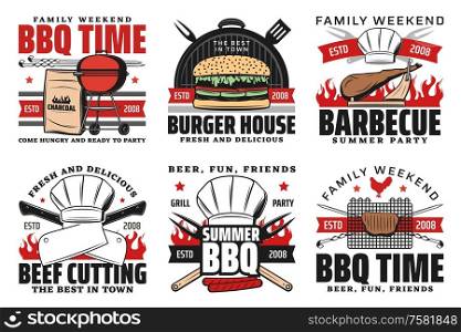 Barbecue summer party, summer holiday picnic and cookout icons. Vector BBQ charcoal grill meat steaks and hot dogs, burgers and steak house signs, chef cutlery hatchet knife and fork. Barbecue time picnic, burgers and steak house