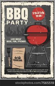 Barbecue summer party vintage retro poster, 5 July American holiday cookout party. Vector BBQ charcoal grill meat steaks and hot dog picnic party, summer family weekend beer, music and food party. 5 July barbecue and burger grill cookout party