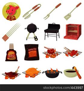 Barbecue tools icons set. Cartoon illustration of 16 barbecue tools vector icons for web. Barbecue tools icons set, cartoon style