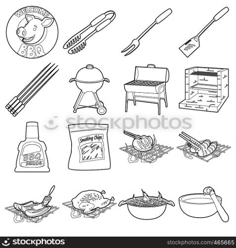 Barbecue tools icons set. Outline illustration of 16 barbecue tools vector icons for web. Barbecue tools icons set, outline style