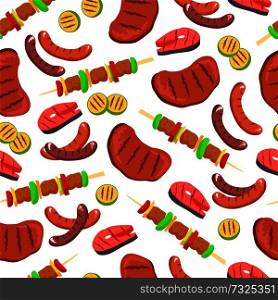 Barbecued food seamless pattern, brochettes and steaks, salmon and sausages, vegetables and barbecued meal, vector illustration isolated on white. Barbecued Set Seamless Pattern Vector Illustration