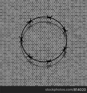 Barbed Wire Circle on Grey Brick Background. Stylized Prison Concept. Symbol of Not Freedom. Metal Frame Round.. Barbed Wire Circle on Grey Brick Background. Stylized Prison Concept. Symbol of Not Freedom. Metal Frame Round