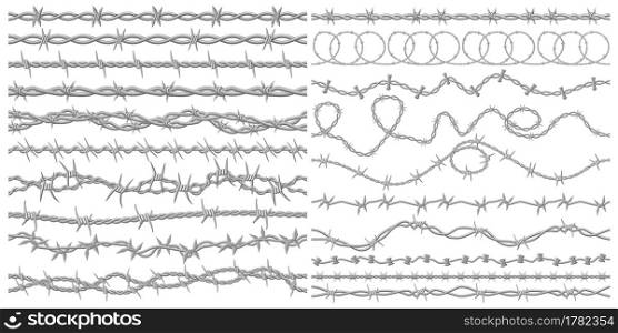 Barbed wire. Razor metallic fencing wire, industrial or prison wire seamless borders vector illustration set. Barb wire protection fencing with steel spikes for warning and defense. Barbed wire. Razor metallic fencing wire, industrial or prison wire seamless borders vector illustration set. Barb wire protection fencing