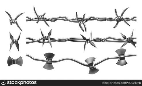 Barbed Wire Types Seamless Pattern Set Vector. Galvanized Metal Fencing Wire Chainlink With Sharp Points For Safety And Security Of Territory Or Barricade. Mockup Realistic 3d Illustrations. Barbed Wire Types Seamless Pattern Set Vector