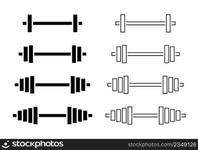 Barbell icon. Barbell icons isolated on white background. Dumbbell for gym and training. Logos of strength, fitness, gym and health. Lifting of weight. Line silhouettes for exercise. Vector.