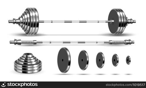 Barbells Bodybuilding Collapsible Kit Set Vector. Glossy Grey Metal Barbells, Weights Plates Sport Equipment Details For Strong Muscles. Powerlifting Template Realistic 3d Illustrations. Barbells Bodybuilding Collapsible Kit Set Vector