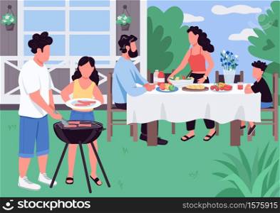 Barbeque flat color vector illustration. BBQ in house backyard. Barbecue for parents and children. Holiday activity. Caucasian family 2D cartoon characters with landscape on background. Barbeque flat color vector illustration