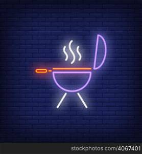 Barbeque grill on brick background. Neon style illustration. Memorial Day, picnic, cooking meat. Cooking banner. For holiday, restaurant, advertising concepts