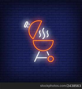 Barbeque grill with open lid and smoke neon sign. Grill, barbeque, dinner concept. Advertisement design. Night bright neon sign, colorful billboard, light banner. Vector illustration in neon style.