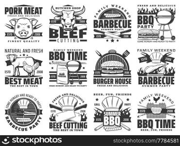 Barbeque meat, bbq icons vector pork, chicken, mutton and beef sausages on grill. BBQ summer party symbols hamburger, butchers hat, turner and fork on grilling machine, fastfood isolated signs set. Barbeque meat, bbq icons set vector signs isolated