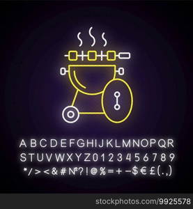 Barbeque neon light icon. Barbecue party. BBQ seasonal picnic. American grill gathering. Outer glowing effect. Sign with alphabet, numbers and symbols. Vector isolated RGB color illustration. Barbeque neon light icon