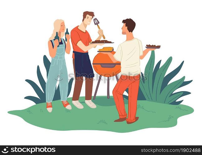 Barbeque party of friends grilling meat and sweet corn. Man and woman with beer in park or backyard preparing food for guest. Relaxation and rest at home, gathering on weekend. Vector in flat style. Friends grilling meat, barbeque weekends and fun