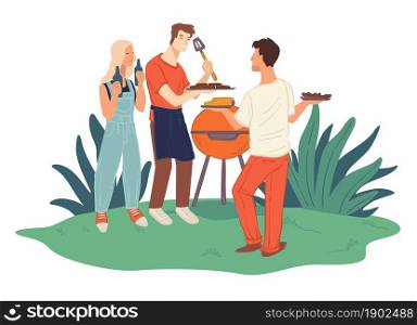 Barbeque party of friends grilling meat and sweet corn. Man and woman with beer in park or backyard preparing food for guest. Relaxation and rest at home, gathering on weekend. Vector in flat style. Friends grilling meat, barbeque weekends and fun