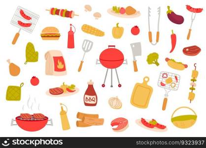 Barbeque picnic isolated objects set. Collection of bbq party, cooking meat dishes, sausage, steak, kebab, vegetable, hot dog, mustard, ketchup. Vector illustration of design elements in flat cartoon