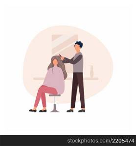 Barber a man does a girl&rsquo;s hair in a Barber shop next to the mirror. Concept of services of a hair salon, beauty salon, beauty Studio. Beauty and hair care, haircut. Vector flat cartoon illustration.