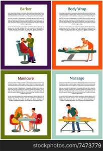 Barber and body wrap pedicurist with client, caring for nails. Posters set with text sample and massage, male masseur rubbing back of patient vector. Barber and Body Wrap Pedicurist Posters Vector