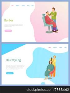Barber and hair styling beauty salon web page, sitting client on armchair and working master. Making hairstyle for woman and cutting beard for man vector. Barber and Hair Styling Web Page, Salon Vector