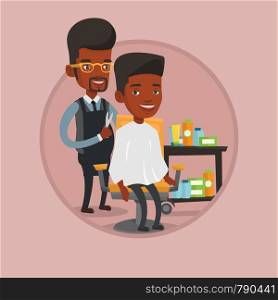 Barber cutting hair of young african-american man in barbershop. Professional barber making haircut to a client in barbershop. Vector flat design illustration in the circle isolated on background.. Barber making haircut to young man.
