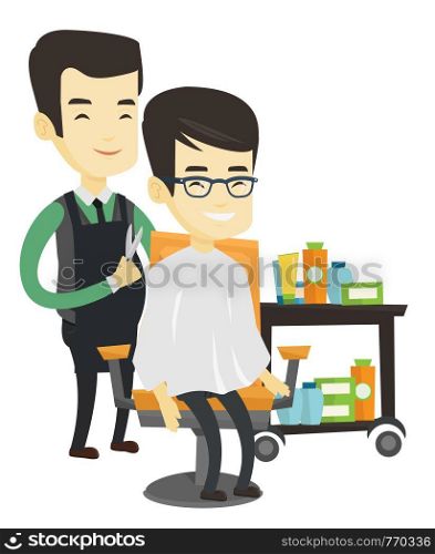 Barber cutting hair of young asian man in barbershop. Barber making haircut to a client with scissors in barbershop. Happy barber at work. Vector flat design illustration isolated on white background.. Barber making haircut to young asian man.