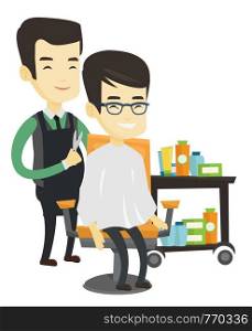 Barber cutting hair of young asian man in barbershop. Barber making haircut to a client with scissors in barbershop. Happy barber at work. Vector flat design illustration isolated on white background.. Barber making haircut to young asian man.