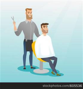 Barber cutting hair of young hipster man with beard at barbershop. Professional barber making haircut to a male client with scissors in barbershop. Vector flat design illustration. Square layout.. Barber making haircut to young man.