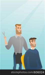 Barber cutting hair of young hipster man with beard at barbershop. Professional barber making haircut to a male client with scissors in barbershop. Vector flat design illustration. Vertical layout.. Barber making haircut to young man.
