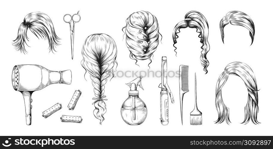 Barber equipment. Woman hairstyles and hairdresser tools. Female haircut or wig models. Scissors, curlers and dryer. Hair comb, spray or curling iron. Vector beauty salon vintage sketches isolated set. Barber equipment. Woman hairstyles and hairdresser tools. Haircut or wig models. Scissors, curlers and dryer. Hair comb, spray or curling iron. Vector beauty salon vintage sketches set
