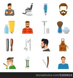 Barber Flat Icons Set. Set of flat icons with barber and clients scissors comb brush and foam trimmer isolated vector illustration