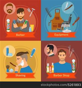 Barber Flat Style Compositions. Compositions with red ribbon in flat style with hairdresser and equipment shaving barber shop isolated vector illustration