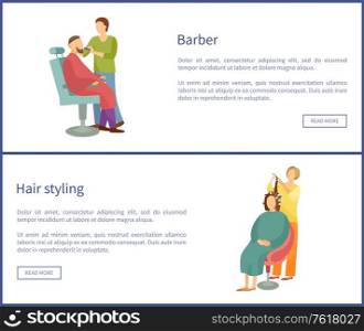 Barber for men beards, male specializing trimming hair on face. Service for people to change haircut. Posters set with text sample and experts vector. Barber for Man Beards Service Posters Set Vector