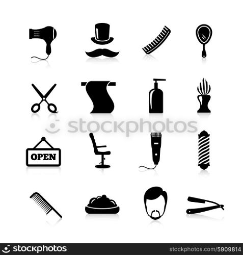 Barber icons black silhouette set with haircut mustaches shaving razor isolated vector illustration. Barber Icons Black Set
