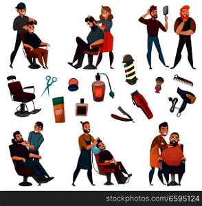Barber services cartoon set with male hairdresser during work and professional tools isolated vector illustration . Barber Services Cartoon Set