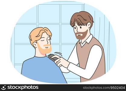 Barber shaving male client beard in barbershop. Hairstylist work with man customer at saloon. Beauty and hair care. Vector illustration.. Barber shaving client beard in salon