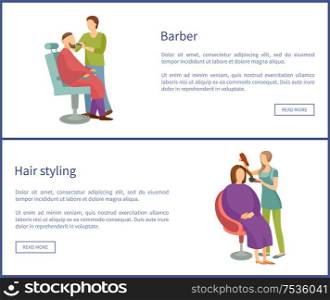 Barber shop and hair styling web posters hairdresser cutting or shaving beard and mustaches to man in armchair. Hairstyle salons with haircut services. Barber Shop and Hair Styling Posters Hairdresser