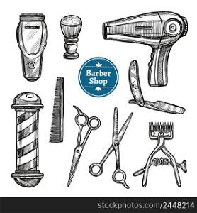 Barber shop attributes tools and accessories doodle black icons set with hairdryer scissors and shave vector isolated illustration. Barber Shop Set Doodle Sketch Icons