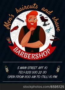 Barber shop cartoon advertising poster on dark background with master and work tools vector illustration. Barber Shop Cartoon Poster