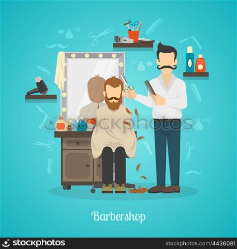 Barber Shop Color Illustration. Color illustration depicting hairdresser in barber shop cutting client vector illustration