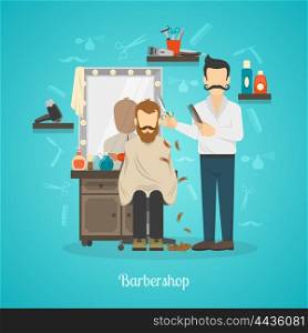 Barber Shop Color Illustration. Color illustration depicting hairdresser in barber shop cutting client vector illustration