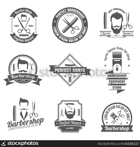 Barber Shop Emblem. Collection original grey sign of barber shop for emblem or logo with white background isolated vector illustration