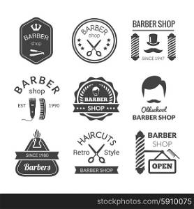 Barber shop emblems set with brush beard cream blade isolated vector illustration. Barber Shop Emblems