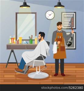 Barber Shop Flat Design. Barber shop flat design with hairdresser with working tools and client in chair near mirror vector illustration
